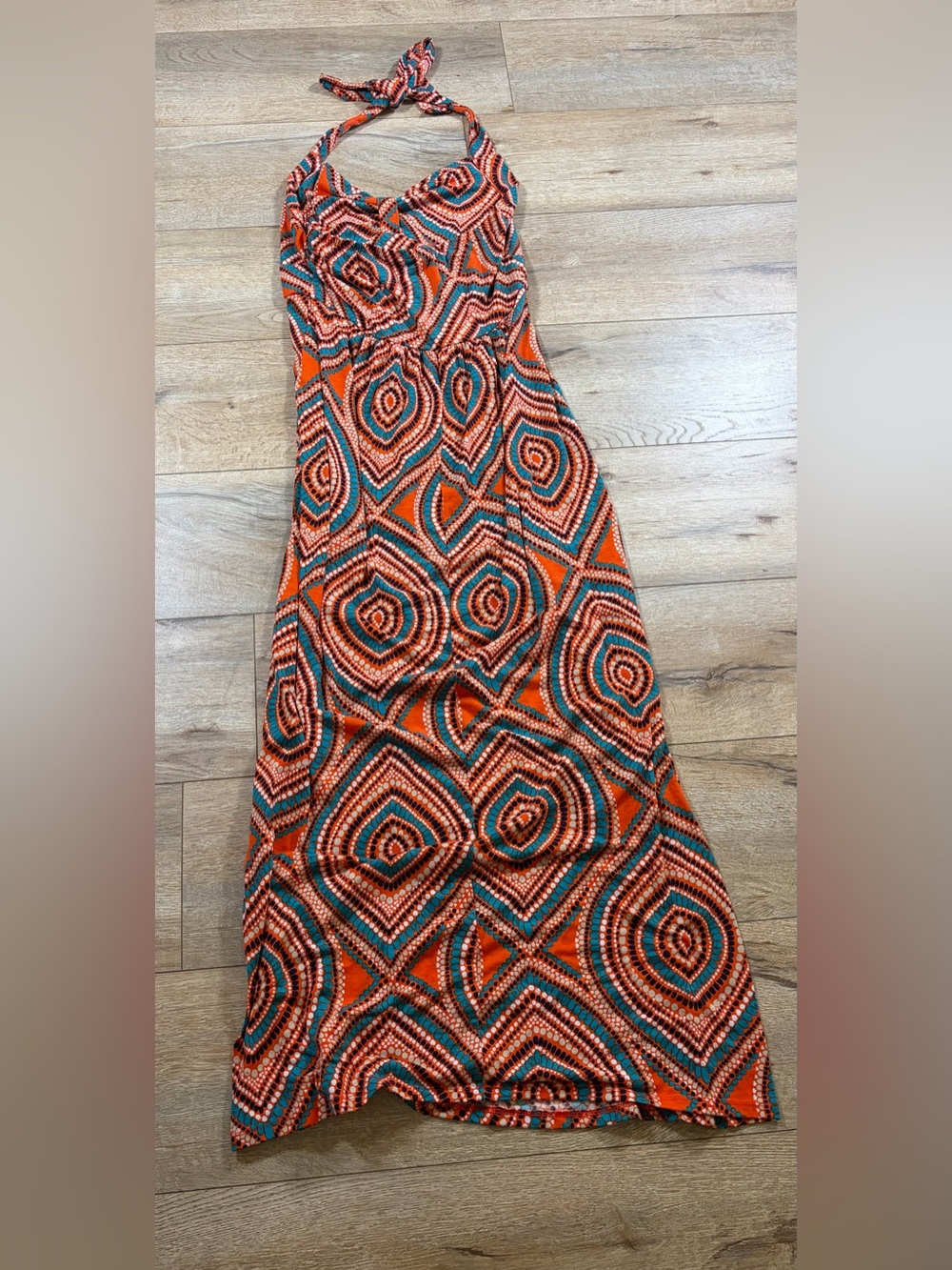 Miss Tina Orange Geometric Maxi Skirt with Teal Accents - Picture 3 of 6